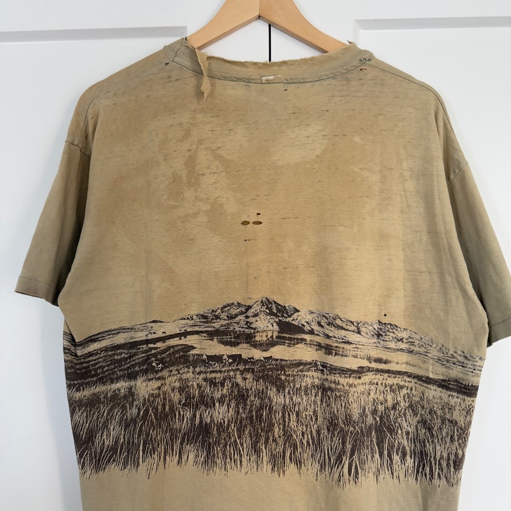 Mens Single Stitch T-Shirt Large Tan Vintage 1994 American Cowboy Distressed - Picture 4 of 8